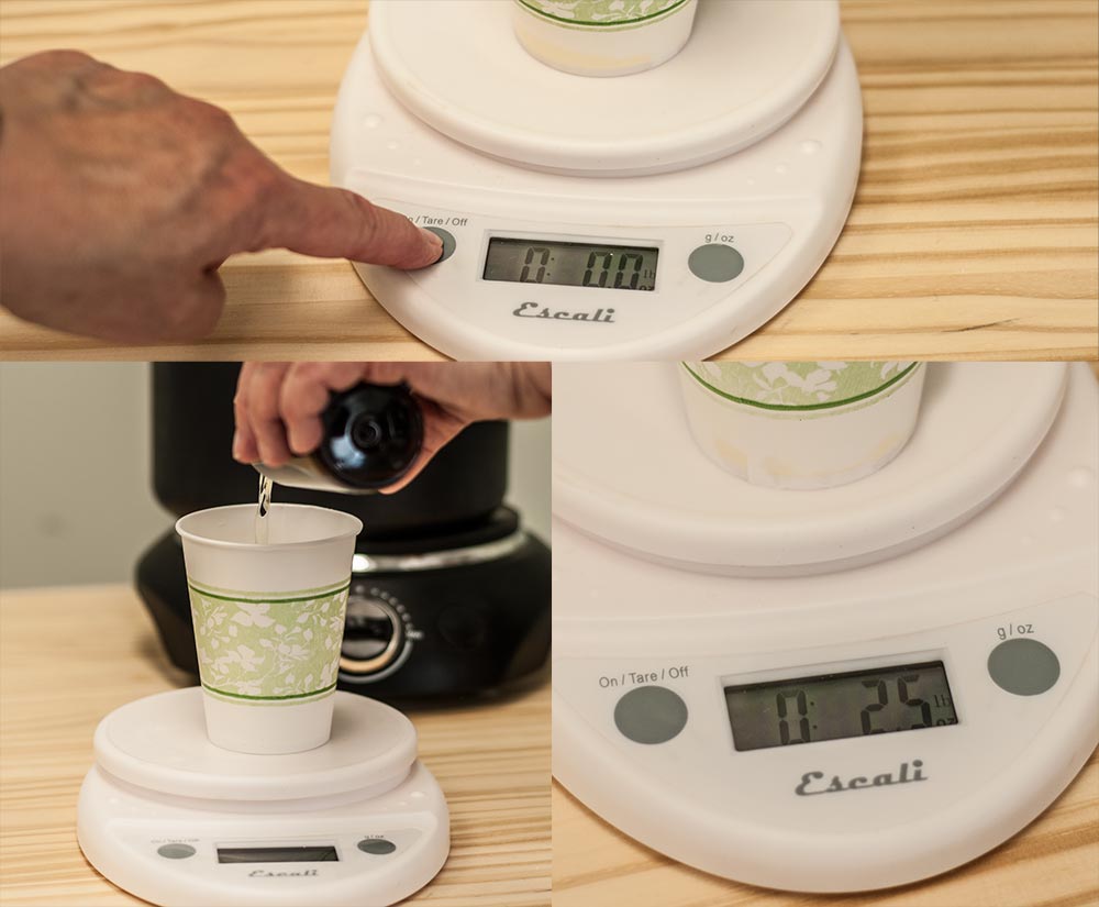 Digital scale weight being tared, and weighing out liquid fragrance oil. 