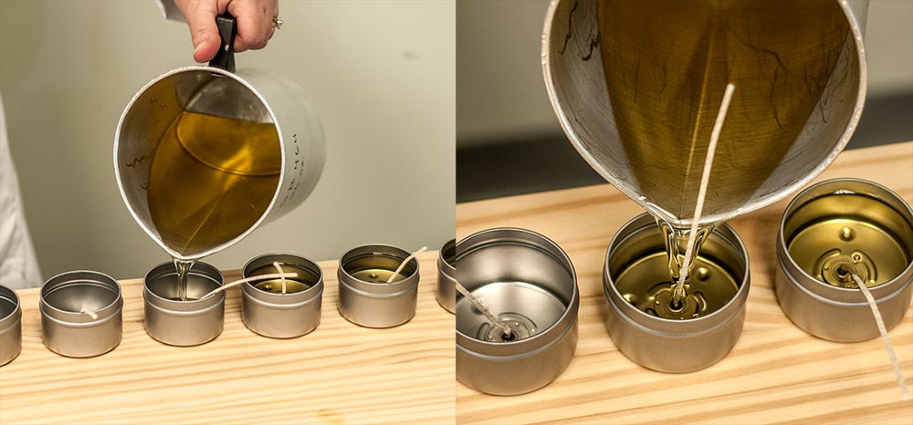 Filling candle tins with wax