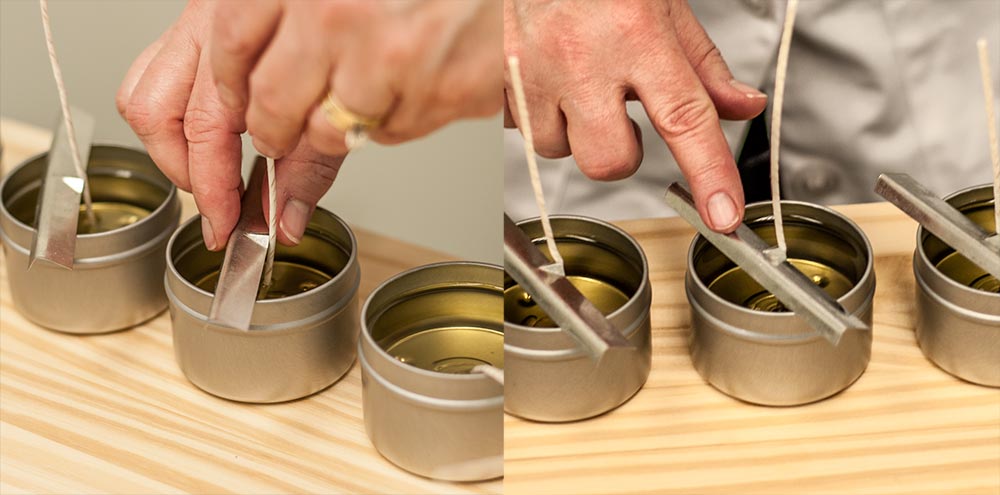 Adding wick bars to candle tins to hold wicks steady