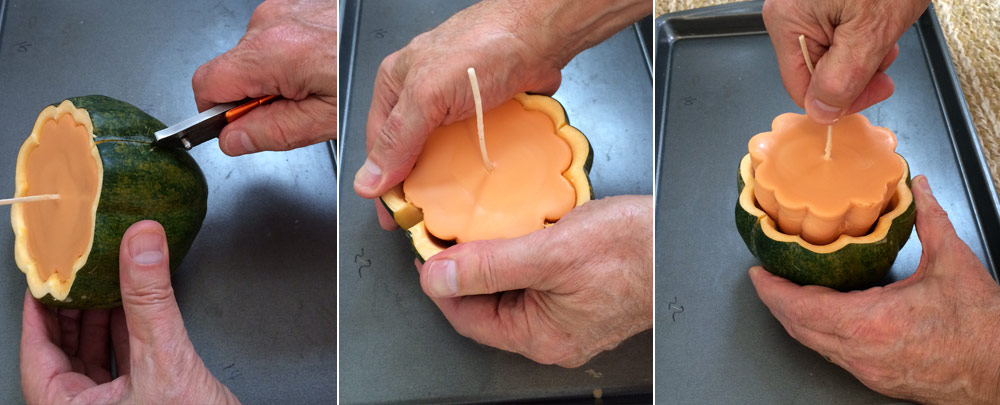 three images showing how to remove the acorn squash from solidified candle wax