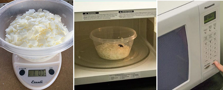 Three images: First image of flaked wax on a scale. Second image of flaked wax in microwave. Third image of microwave starting.