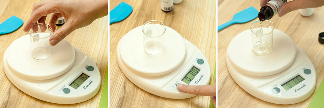 Measuring fragrance oil on a scale for soap making