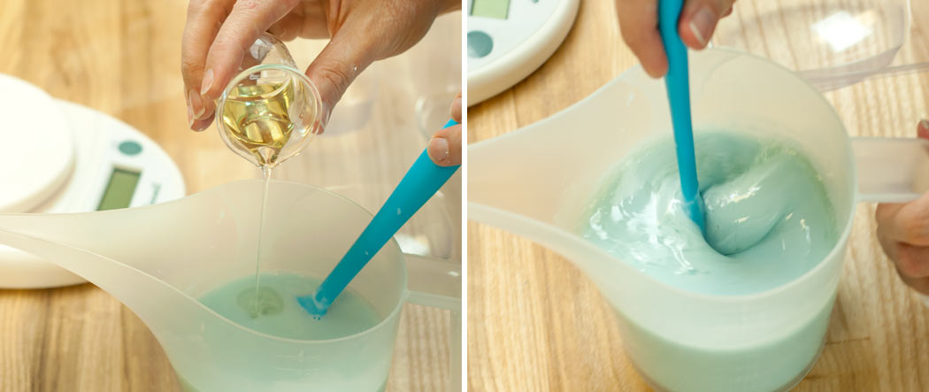 Adding soap dye into melt and pour soap for soap making