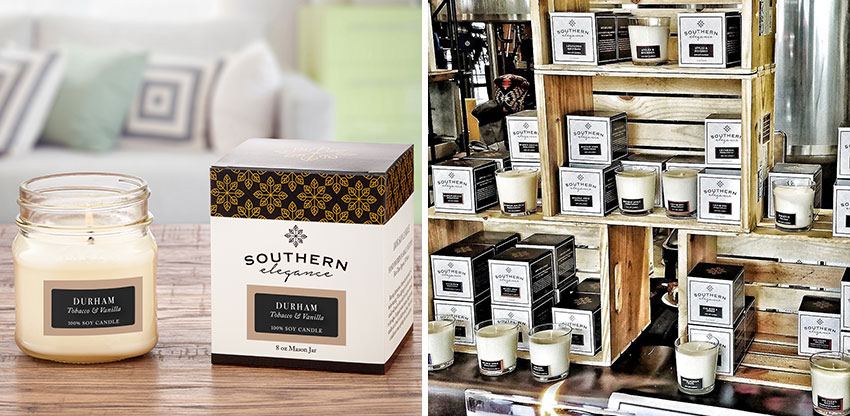 Southern Elegance Candle Jars and Packaging on a table and product display
