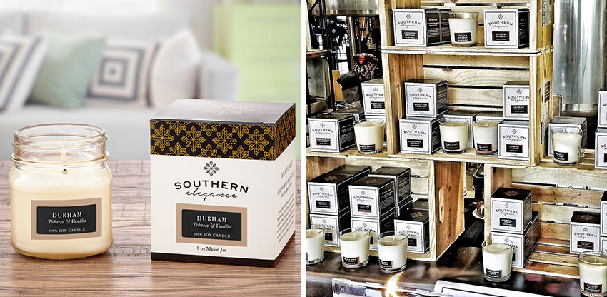 Southern Elegance Candle Jars and Packaging on a table and product display
