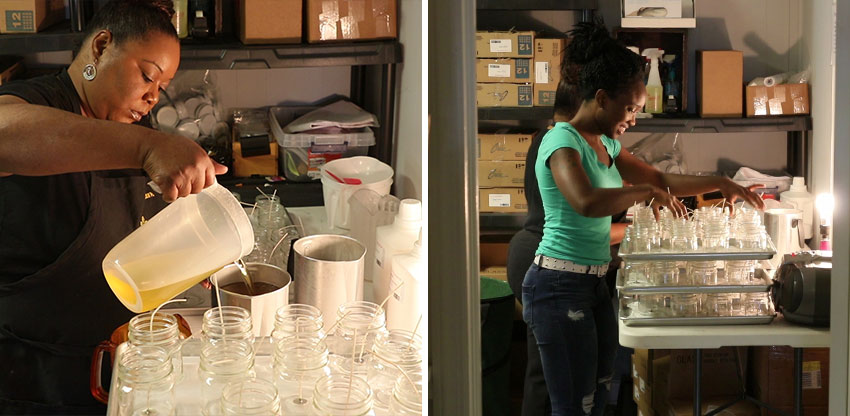 D'Shawn and staff pouring soy candle wax into candle jars