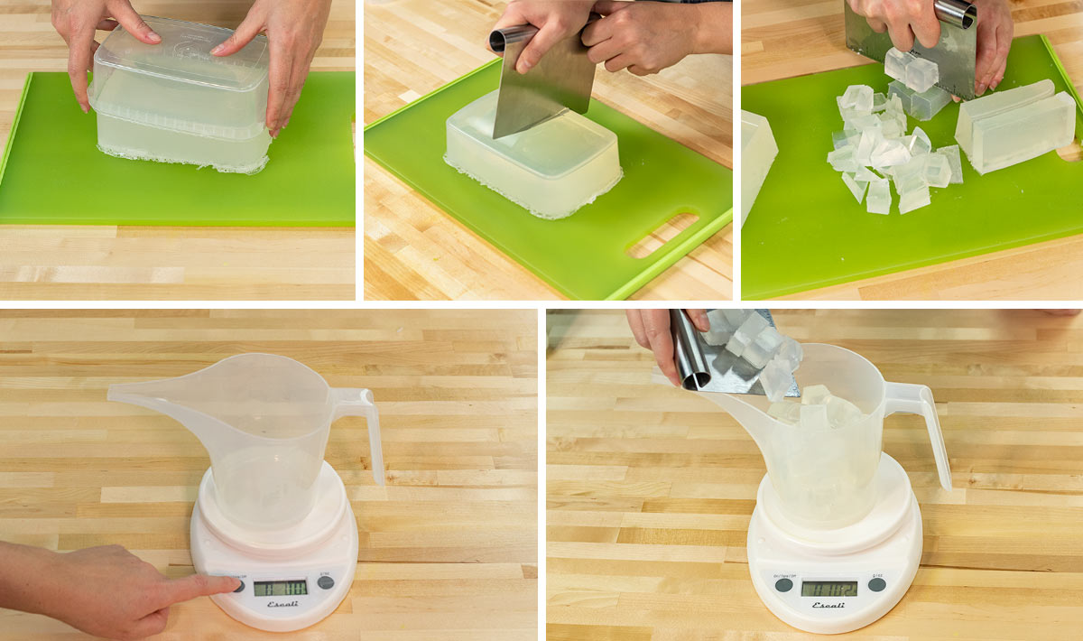Cutting up melt and pour soap base into cubes.