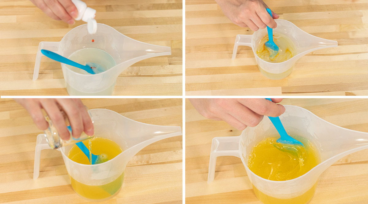 Adding liquid soap dye to melted melt and pour soap.