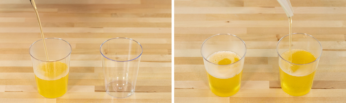 Pouring melted soap base into cups.