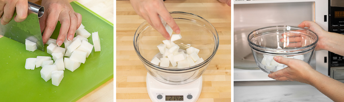 Cutting melt and pour soap base into cube and melting it in the microwave.