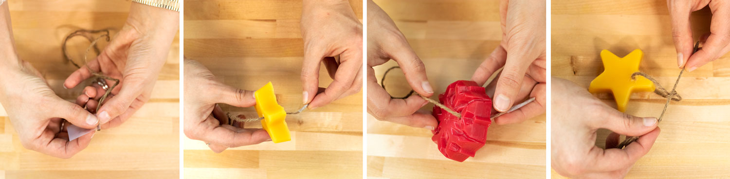 Threading a beeswax Christmas tree ornament