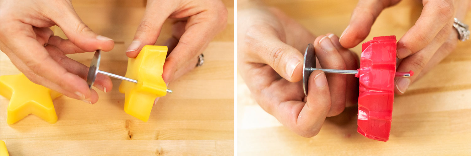 Poking wick pin through wax ornament