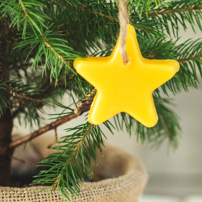 Beeswax Christmas tree star ornament hanging on a pine tree branch.