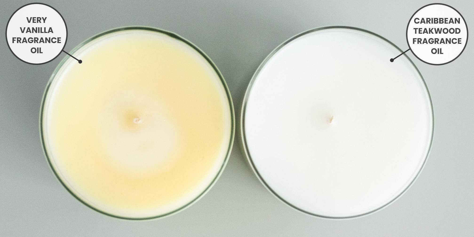 Candle on the left uses Very Vanilla fragrance oil and shows discoloration. Candle on the right shows a white candle with Caribbean Teakwood - no discoloration