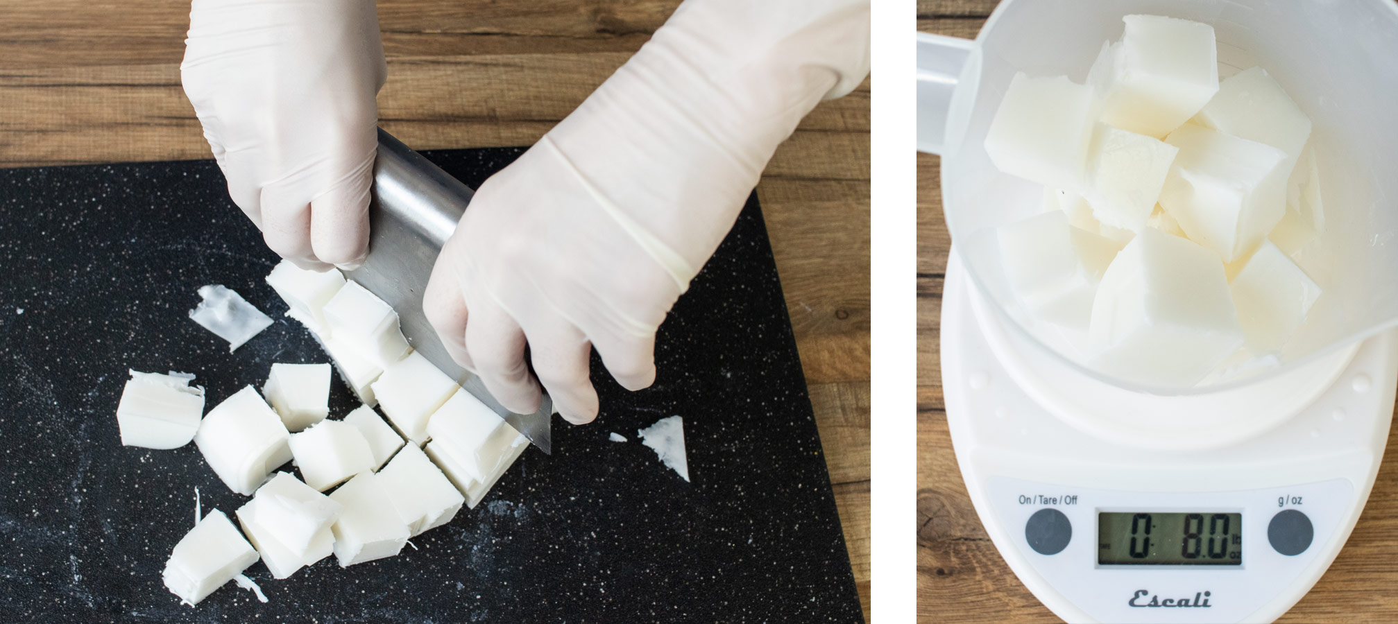 Cutting melt and pour soap base into cubes and weighing on a digital scale