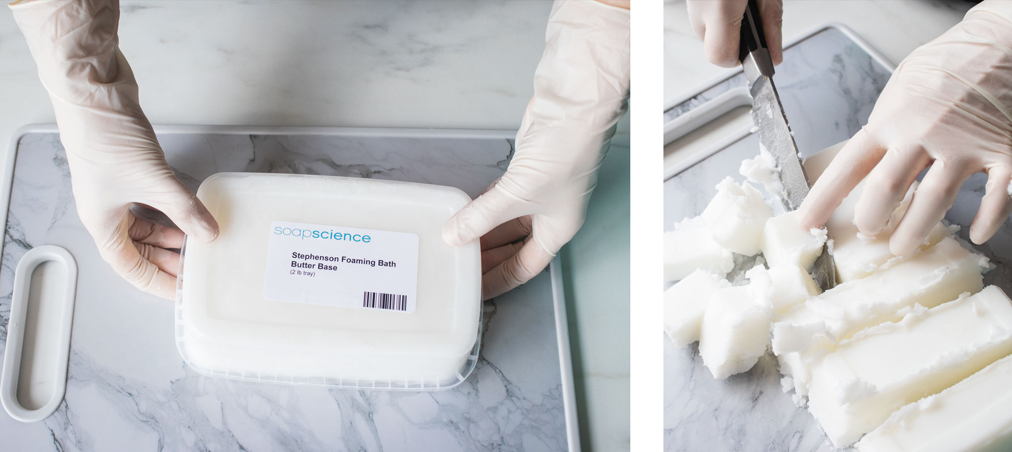 Cutting cubes of melt and pour soap.