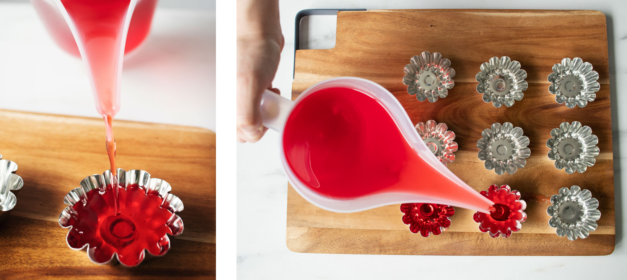 Pouring melted wax into tart molds.