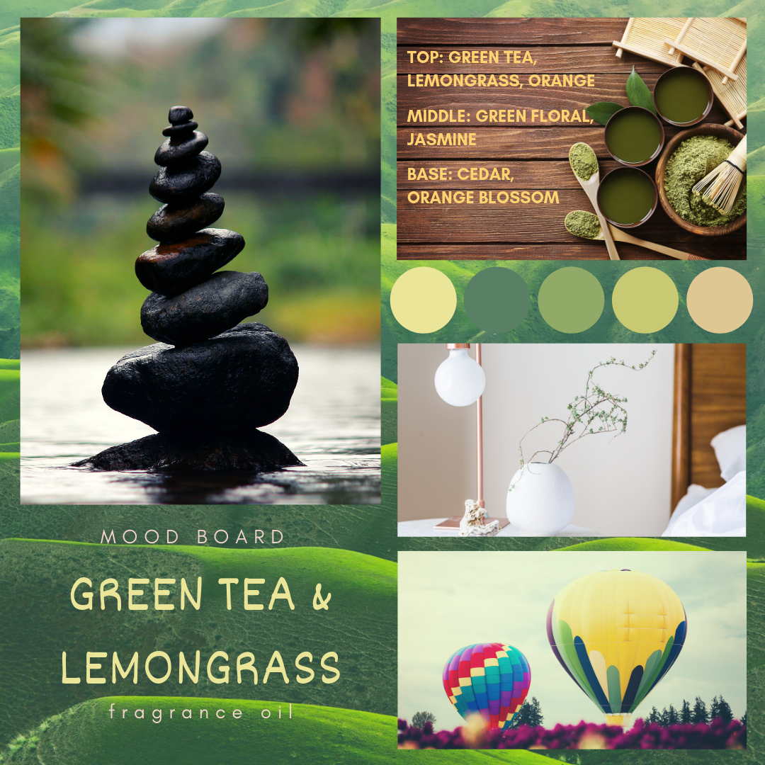Green Tea and Lemongrass fragrance oil mood board