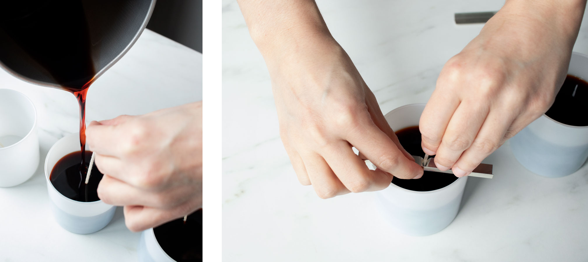 Pouring brown dyed soy candle wax into a white straight sided tumbler.