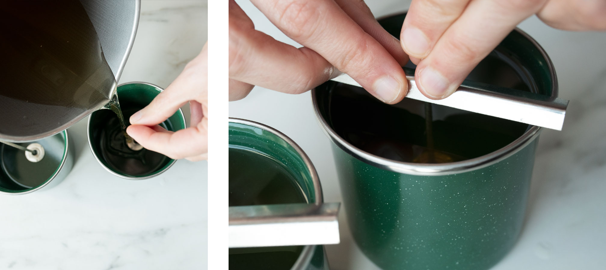 Pouring fragrance oil into melted soy wax flakes.