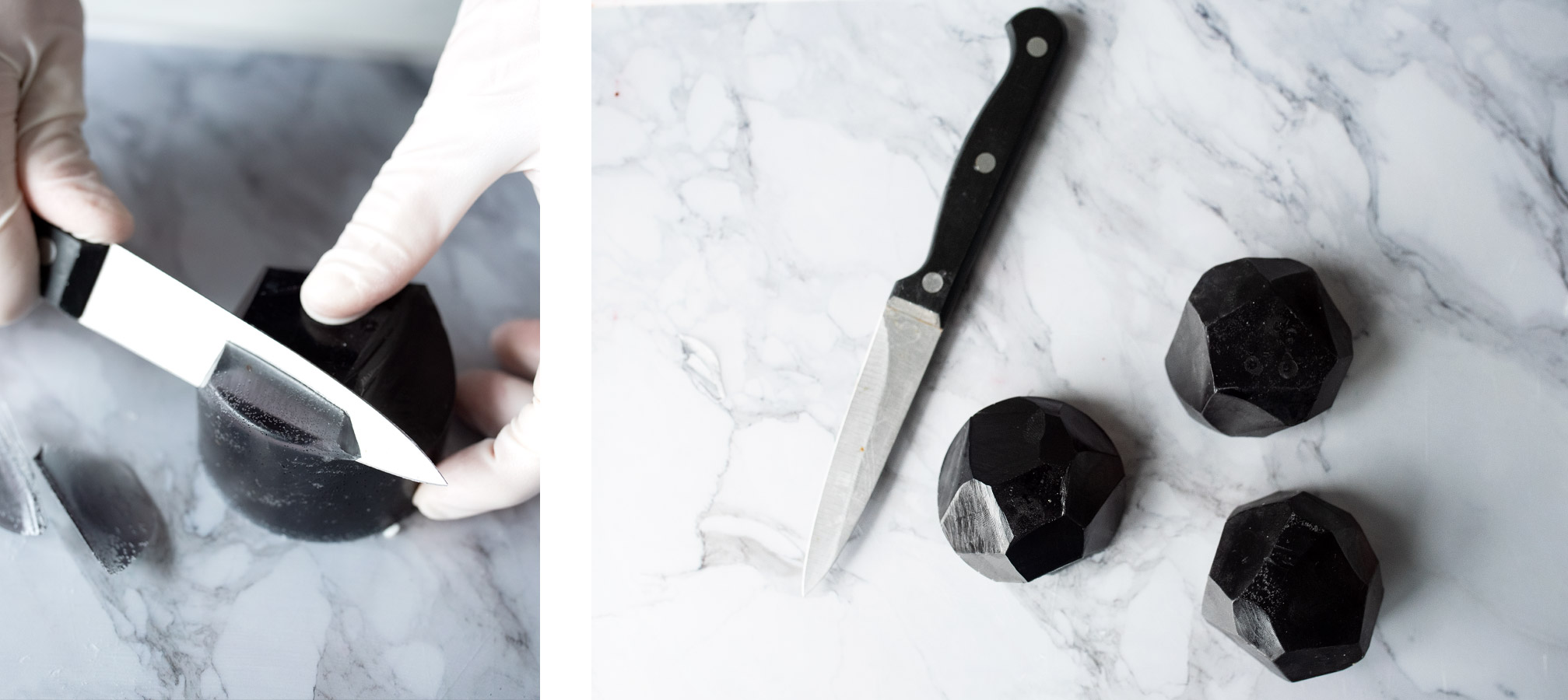 Cutting melt and pour soap into lumps of coal