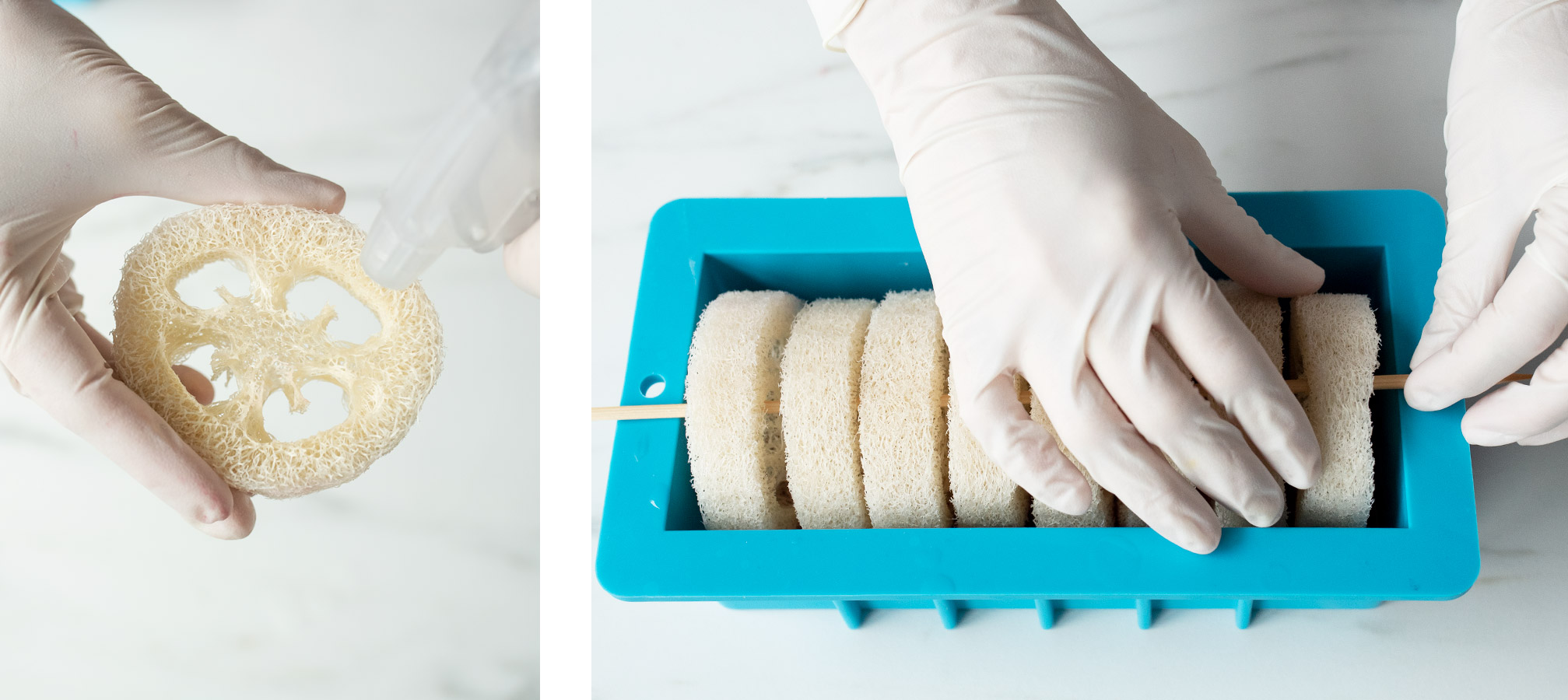Placing loofah into silicone mold