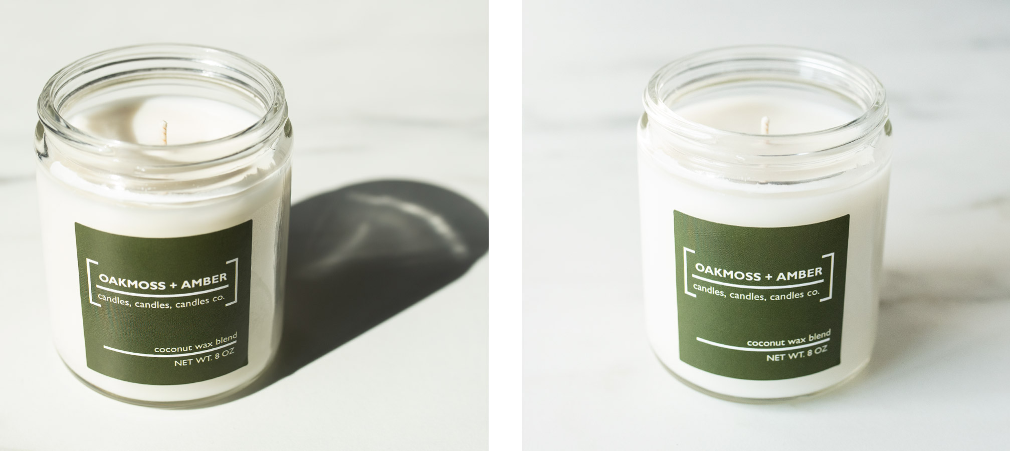 Comparison of candles photographed in direct light versus diffused natural light