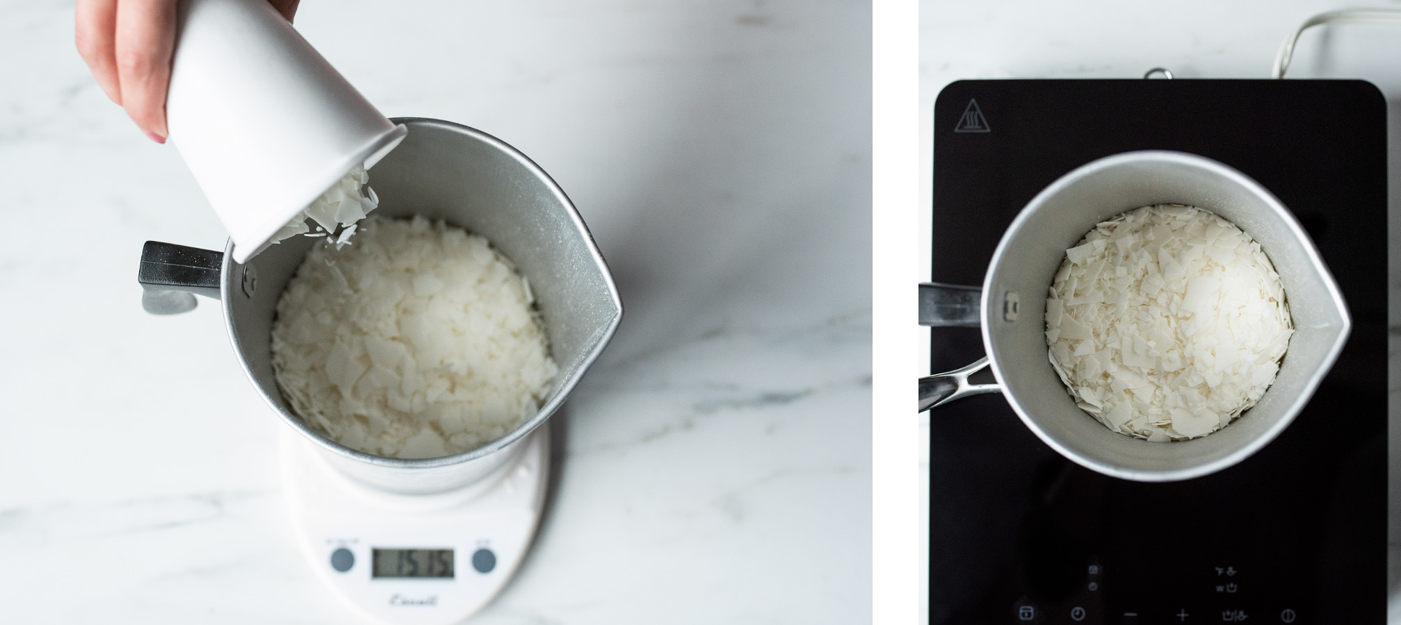Pouring soy wax flakes into melting pitcher.