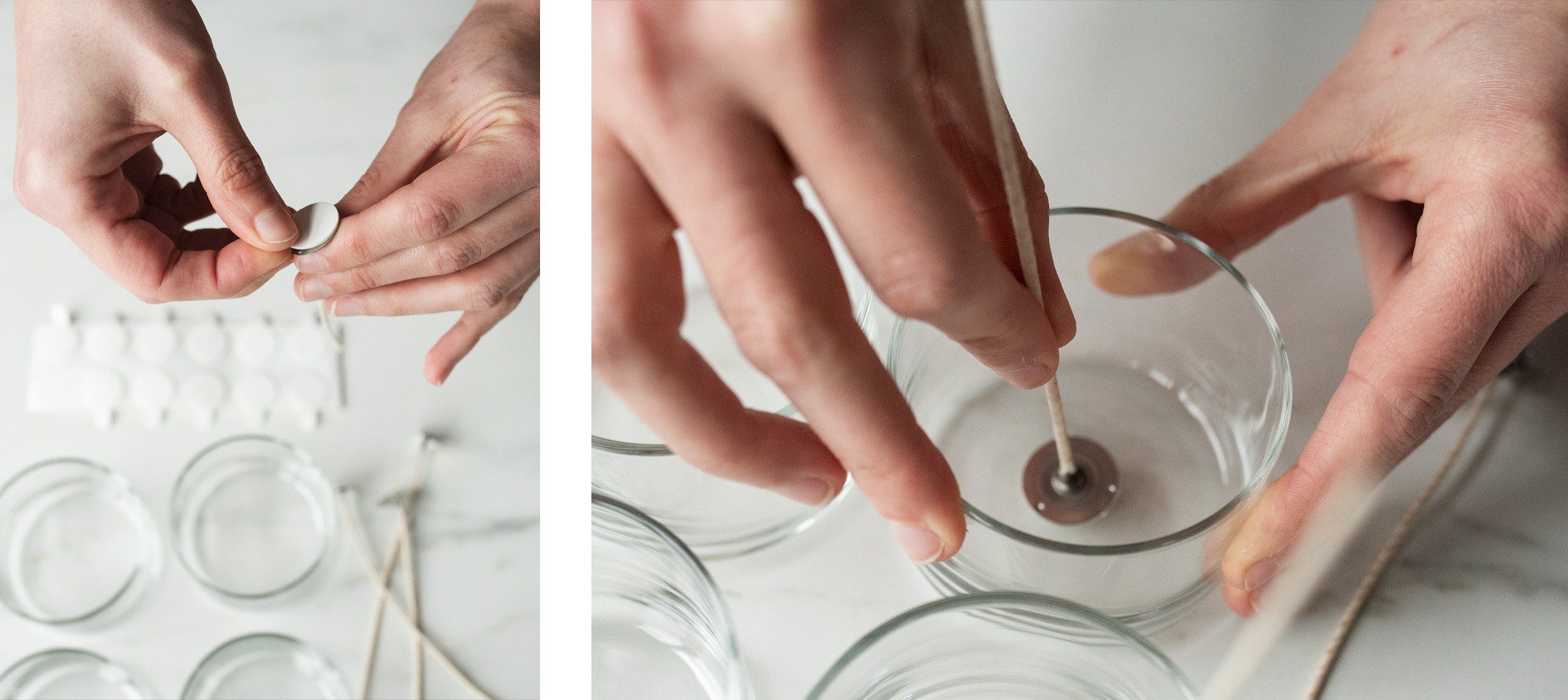 Placing wicks into mini tumbler jars.