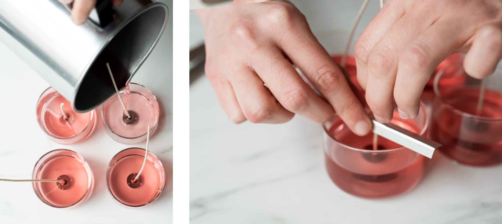 Pouring wax into mini tumbler jars.