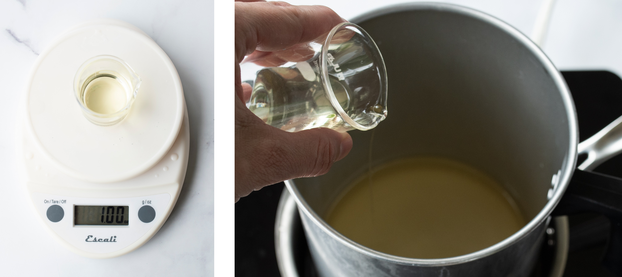 Weighing High Tide fragrance oil and pouring it into melted soy pillar wax.