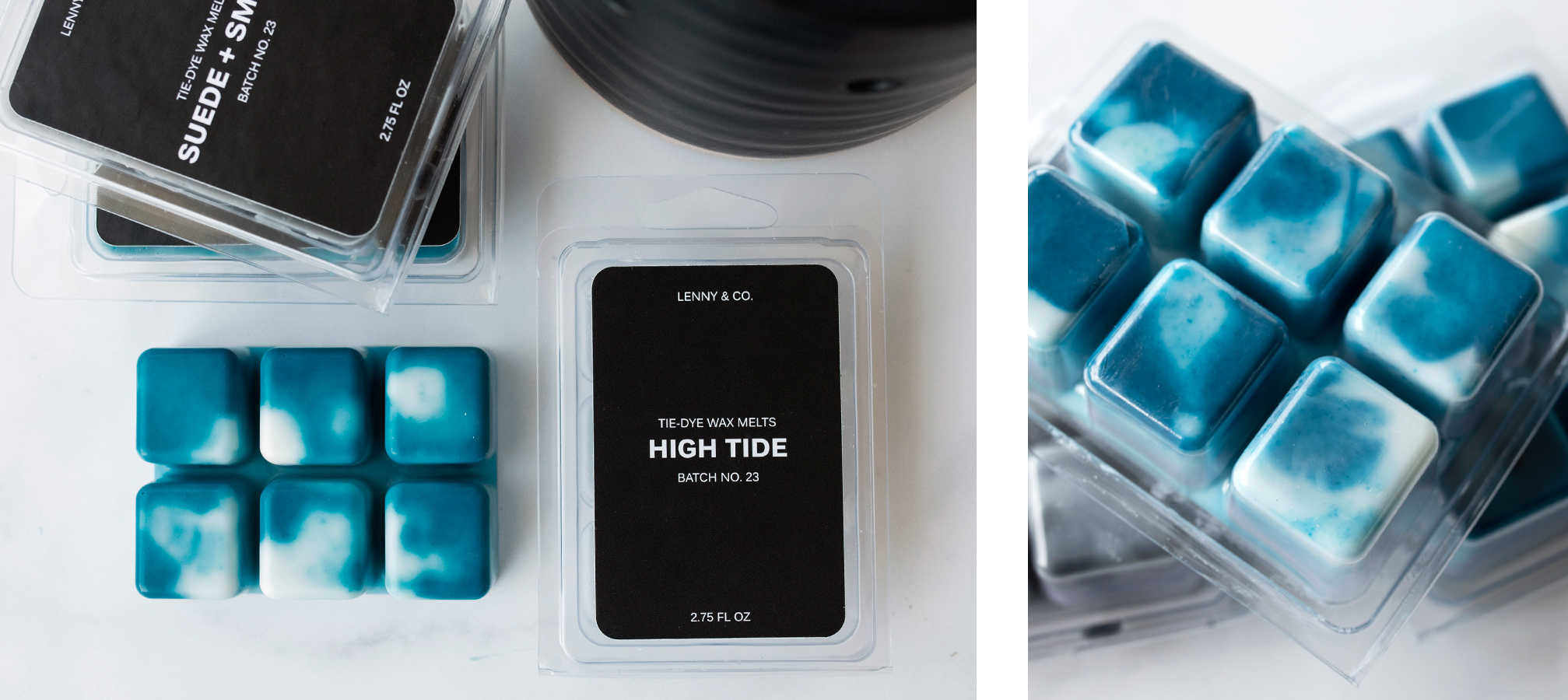 Teal and white tie-dye wax melt with clamshell containers and packaging.