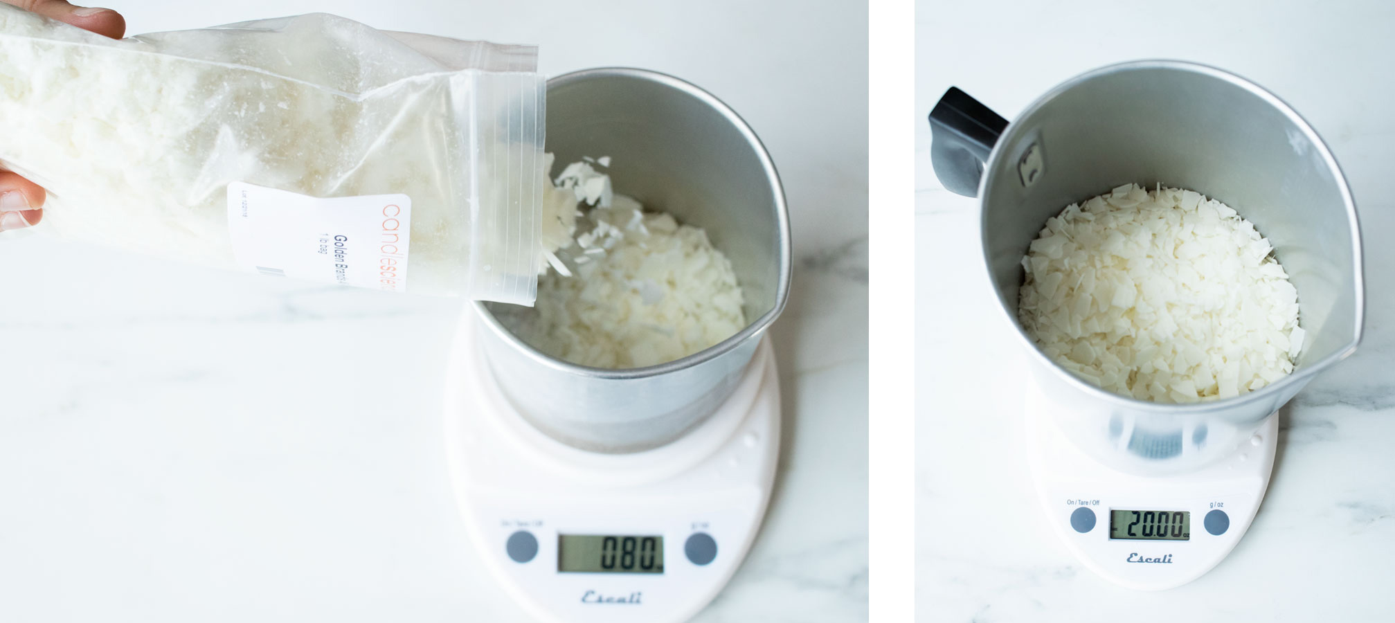 Pouring soy wax flakes into a pouring pitcher on a candle scale.