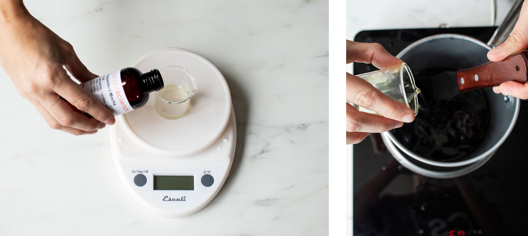 Weighing fragrance oil and pouring it into melted soy candle wax.