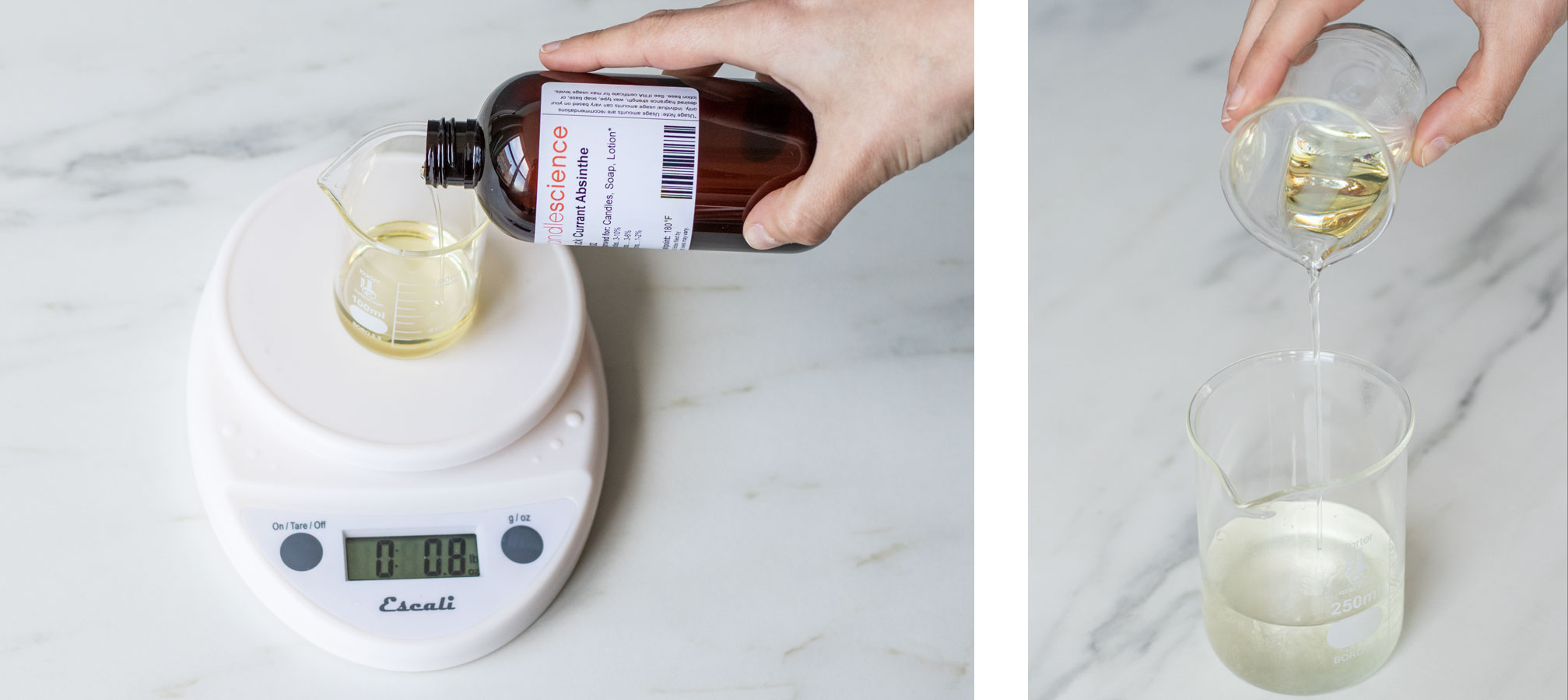 Weighing fragrance oil on a soap and candle scale.