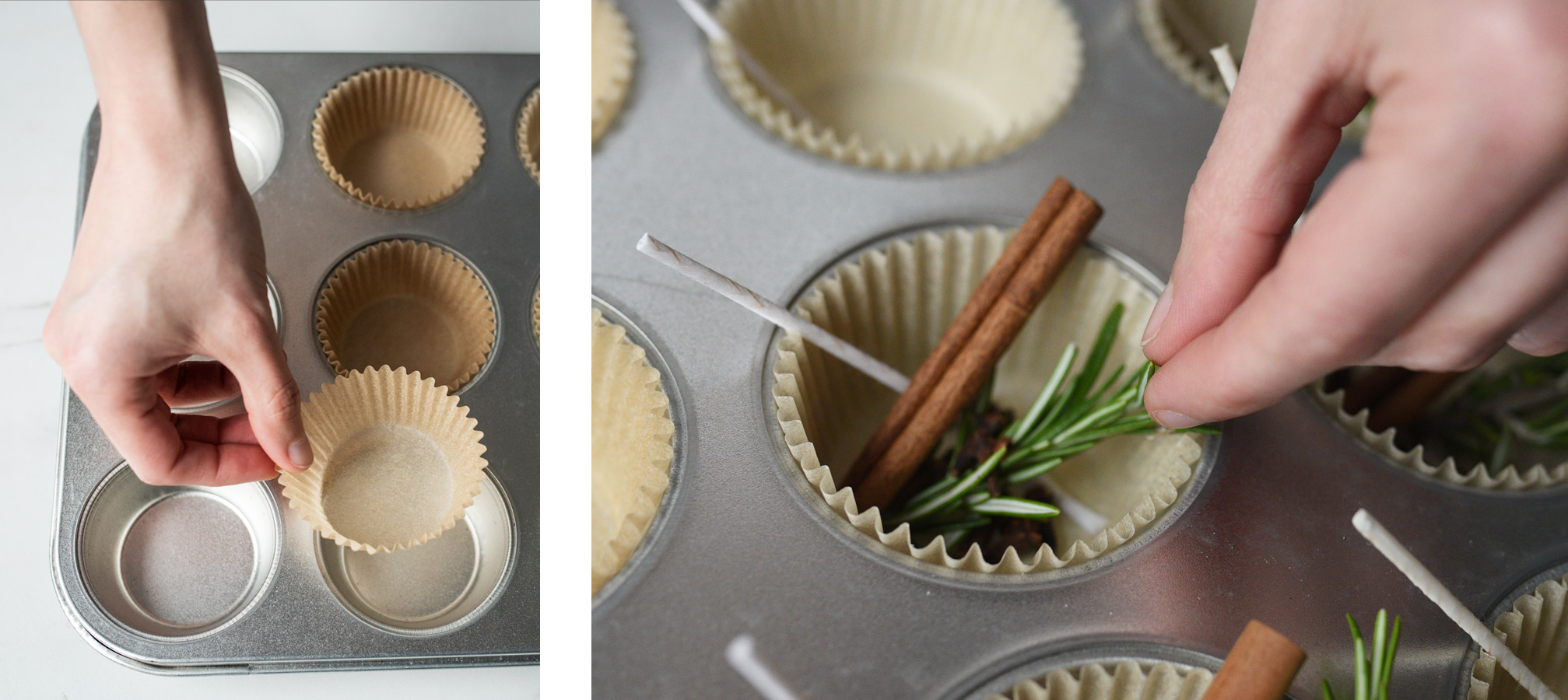 Placing muffin wrappers into muffin tin.