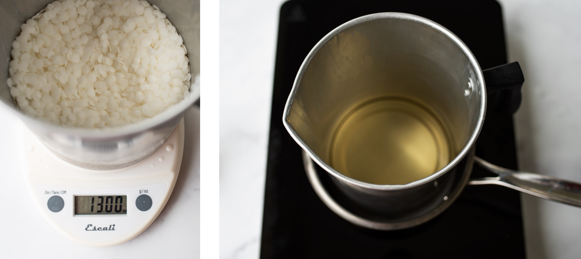 Soy wax pastille being weighed and melted.