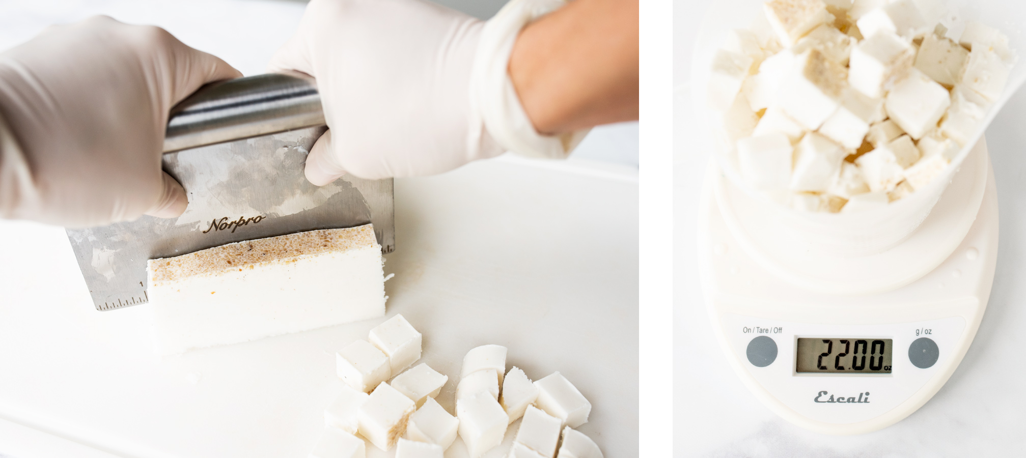  Cutting oatmeal shea soap base and weighing it.