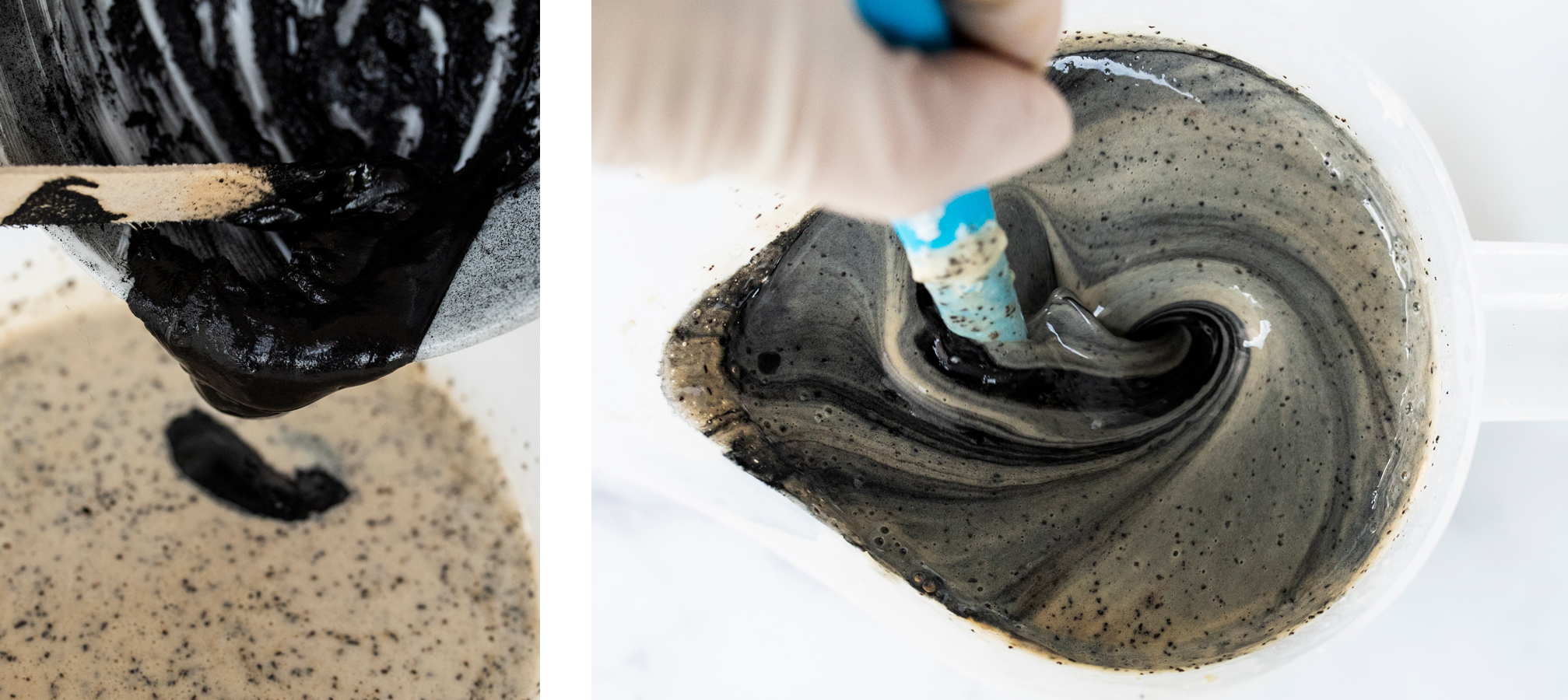 Stirring activated charcoal into soap base.