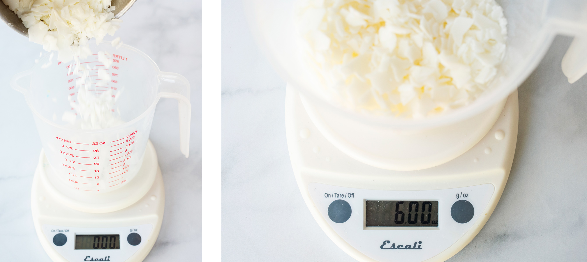 Pouring and weighing soy wax flakes with a plastic pouring pitcher and a candle and soap scale.