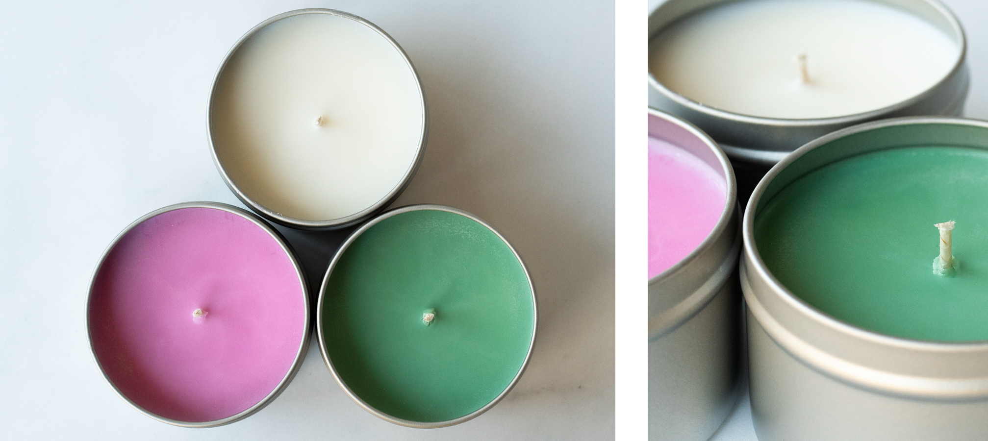 A trio of soy candle tins in holiday colors.