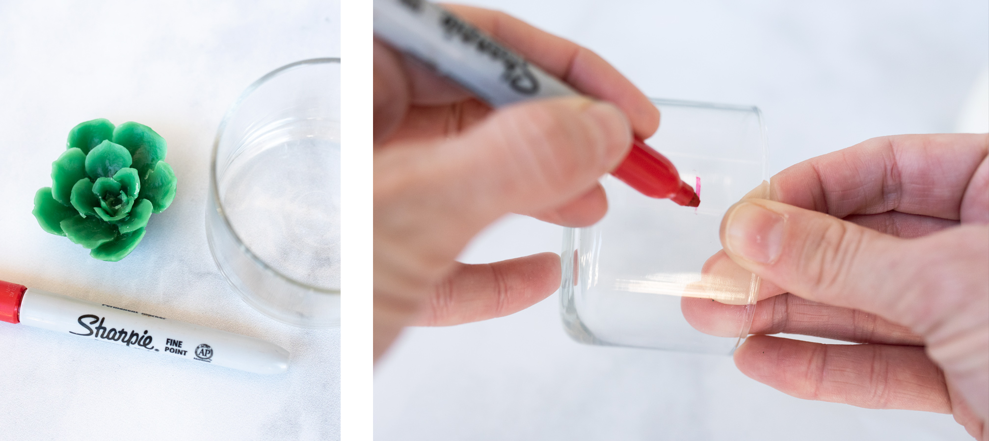 Marking the wax fill line on a mini tumbler candle container.