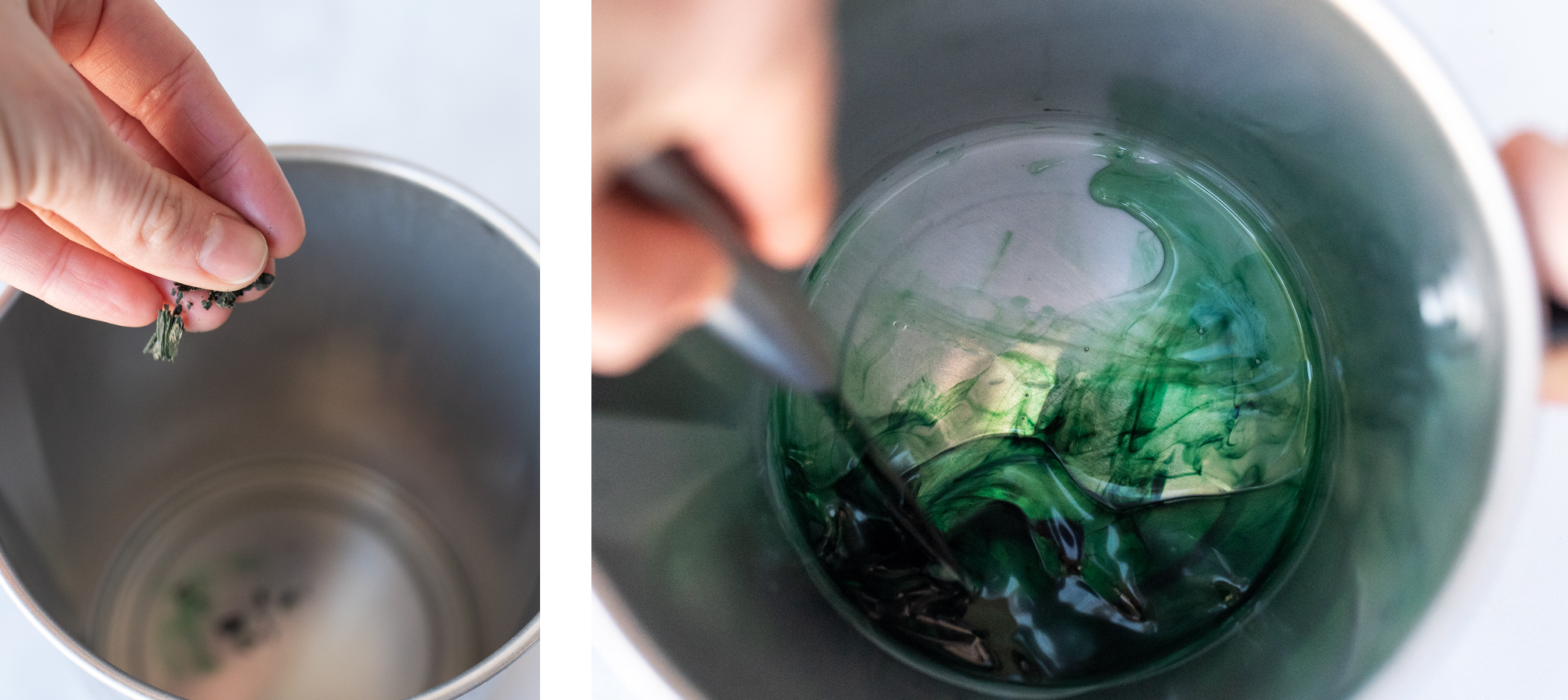 Adding dye block to melted beeswax pellets.