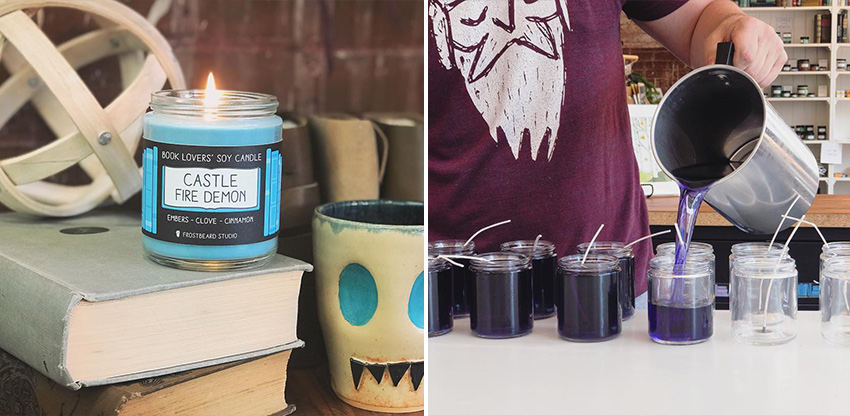 Burning Frostbeard Studio candle and pouring wax into candle containers.