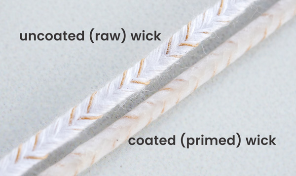 Uncoated candle wick and coated wick in wax comparison photo. 
