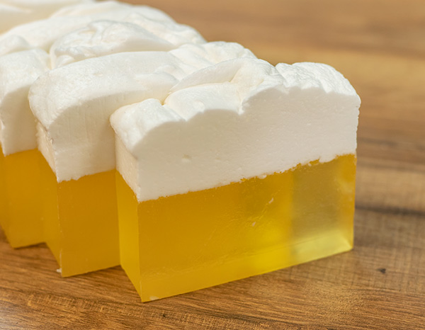 Novelty beer soap loaf cut.