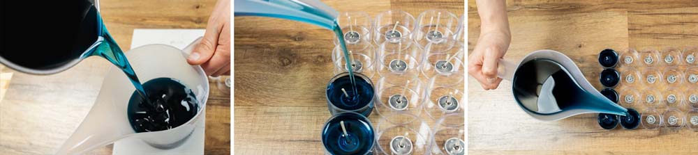 Pouring dyed wax into tealight cups.