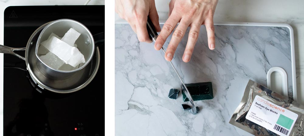 How to make votive candles Melting wax and cutting up dye block for candle making.