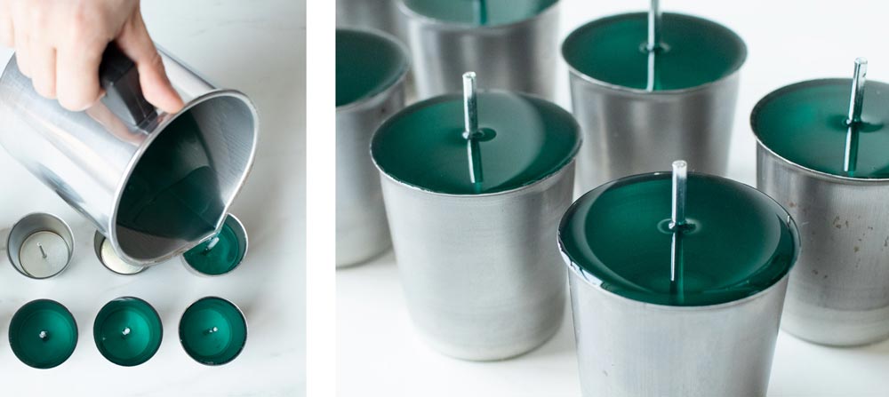 How to make votive candles Pouring melted wax into votive molds.