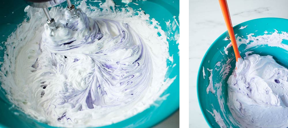Mixing in purple liquid candle dye to whipped soap.